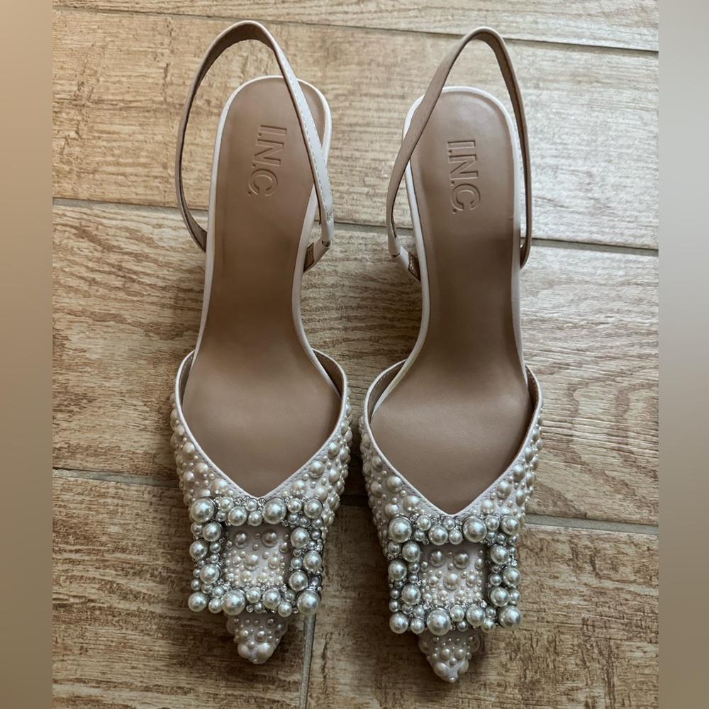 INC Women’s Gevira Pointed Toe Pearl Embellished Slingback Heels